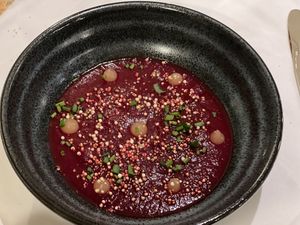 Beetroot soup with grapefruit and quinoa   at Paradiso Pure Living Vegan Hotel in Kastelruth