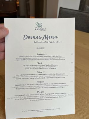 Sample dinner menu. Changes daily. at Paradiso Pure Living Vegan Hotel in Kastelruth