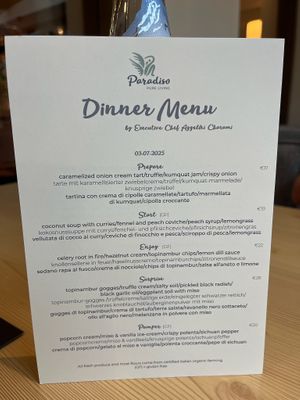 Sample dinner menu. Changes daily. at Paradiso Pure Living Vegan Hotel in Kastelruth
