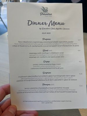 Sample dinner menu. Changes daily. at Paradiso Pure Living Vegan Hotel in Kastelruth