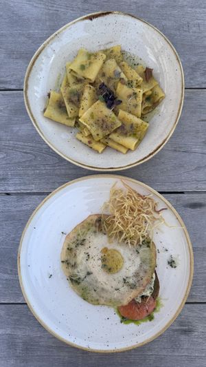 Paccheri a la Carbonara & Fried Egg  at Paradiso Pure Living Vegan Hotel in Kastelruth