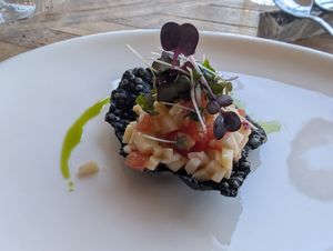 Black sesame seed crisp with mushroom watermelon ceviche on horseradish mayo and wasabi oil. at Paradiso Pure Living Vegan Hotel in Kastelruth