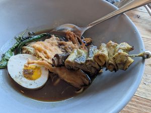 Smokey ramen, 2 mushrooms, vegan egg. at Paradiso Pure Living Vegan Hotel in Kastelruth