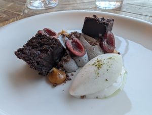 Black sesame and brownie with herb flavored gelato at Paradiso Pure Living Vegan Hotel in Kastelruth