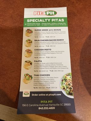 Menu  at Pita Pit in Hartsville