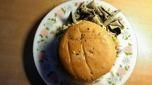 Jumbo burger with a side of seaweed chips at Organic Freshmart and Restaurant in Subang Jaya