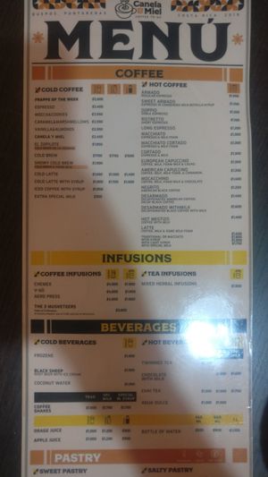 the menu at Canela y Miel in Quepos
