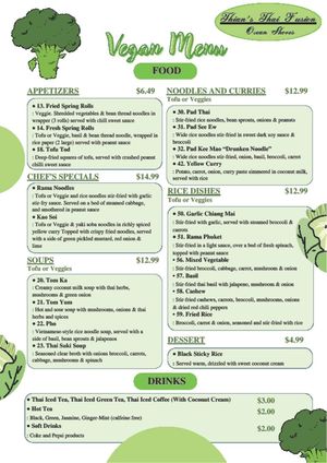 Vegan menu at Thian's Thai Fusion in Ocean Shores