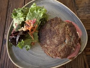Veggie patty on potato hashbrown    at Lagoonies Bistro & Bar in Cole Bay