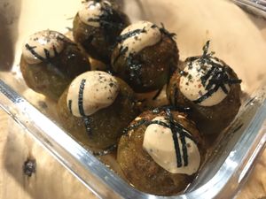 Spinach vegan takoyaki with spicy vegan mayo (NT$60) at Hopeyaki - 囍丸 in Kaohsiung