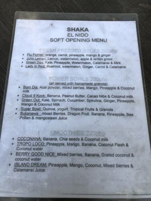 Menu at Shaka - Lio Beach in El Nido