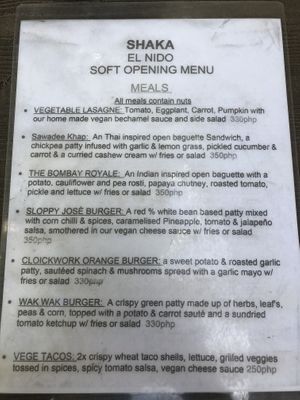 Menu at Shaka - Lio Beach in El Nido