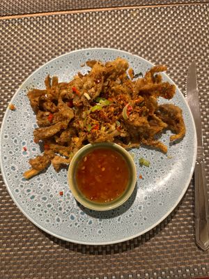 Amazing vegan Salt & Pepper Mushroom that we return for, time and time again!  at Giggling Squid in Henley-on-thames