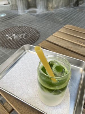 Cold matcha latte with almond milk  at Matcha Gracias in Barcelona