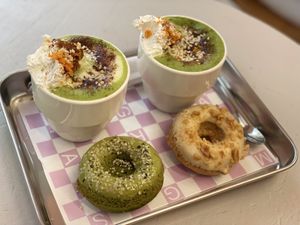 Matcha with vegan donoughts  at Matcha Gracias in Barcelona