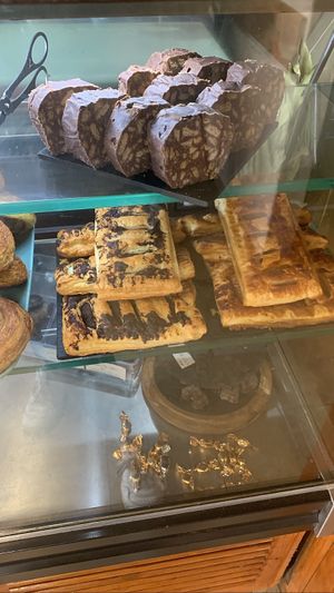 Pastry selection: chocolate salami (top) and chocolate or caramel pastries  at Vegan Box in Faro