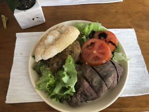 hamburguer on the plate 💚🌱 at Vegan Box in Faro