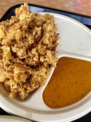 Onion Pakoras with tomato and coconut chutneys at Saivam in Anaheim