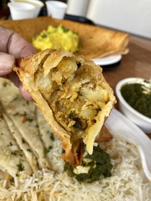 Inside of Samosa.  It is very good and crispy. at Saivam in Anaheim