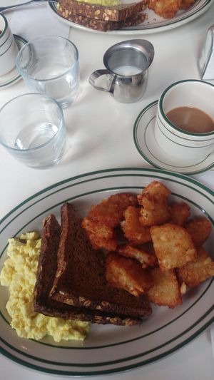 Scrambled Tofu, whole grain toast, homefries at Golden Diner in New York City