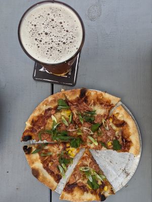 Vegan Jackfruit Pizza and beer!  at Dangerous Minds Brewing Co in Pompano Beach