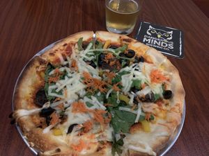 Vegan Pizza of the Week: Mushrooms, Olives, Spinach, Onion, Peppers, Sauce, Violife, Carrots  at Dangerous Minds Brewing Co in Pompano Beach
