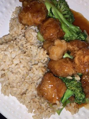 Orange chick’n  at Amitabha Vegan in Fresh Meadows