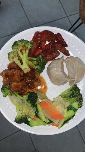 A little of everything! General tso’s, dumplings, mixed veggies, vege roast pork  at Amitabha Vegan in Fresh Meadows