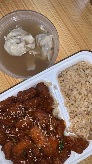General tso’s lunch special with wonton soup  at Amitabha Vegan in Fresh Meadows