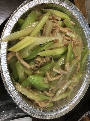 C7 sautéed soy protein and string bean with ginger (replace with celery instead of string bean)   at Amitabha Vegan in Fresh Meadows