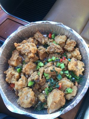 Pepper and salt king oyster mushrooms  at Amitabha Vegan in Fresh Meadows