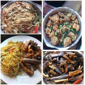 Singapore mei fun, eggplant with spicy sauce and king oyster mushrooms  at Amitabha Vegan in Fresh Meadows