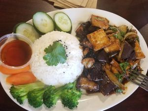 Eggplant Tofu & Basil Leaves Rice at Vegan Sun in Provo