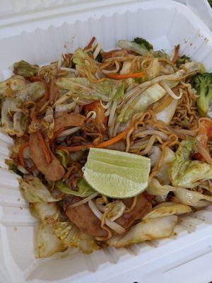 Ramen Stir-fried with Shrimp-free Crescents at Vegan Sun in Provo