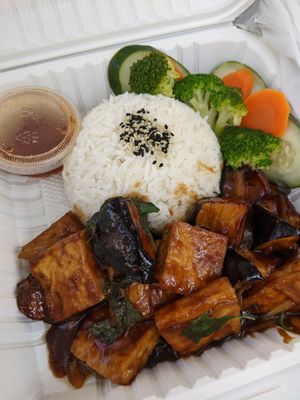 Eggplant tofu and basil leaves rice at Vegan Sun in Provo