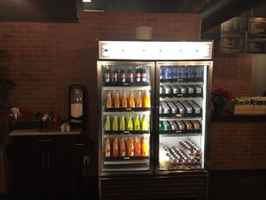 Soda fridge with sugary drinks at Vegan Sun in Provo