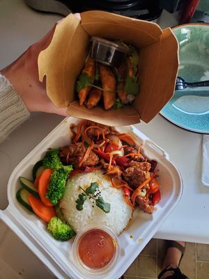 Spicy lemon awakening rice and potstickers. So good. at Vegan Sun in Provo