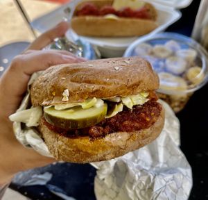 Nashville Hot Chick’n Sandwich - highly recommend! at Down to Earth in Kahului