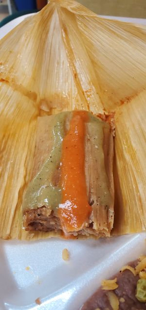 Tamale with delicious sauces at Tamales Plus in Holland