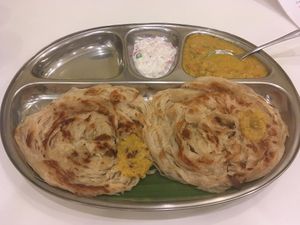 Latcha Parrota 60B. Really good! Be careful the white sauce is yoghurt so NO VEGAN. at Sugam Vegetarian in Bangkok