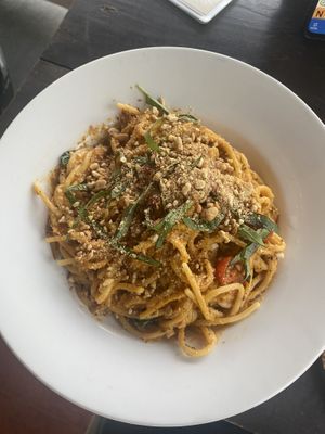 Red pepper pasta - kinda strange with the nuts on top  at Gratitude in Anjuna