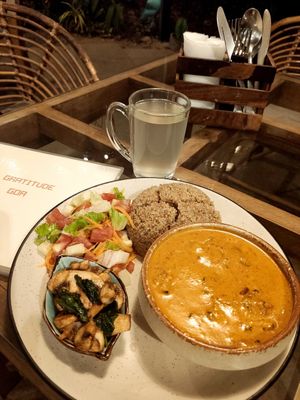 Balinese Curry with Tempeh, mushrooms, quinoa and fresh salad at Gratitude in Anjuna