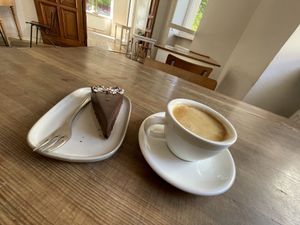 Choco-Chili cake and Americano  at Cafe Vux in Berlin