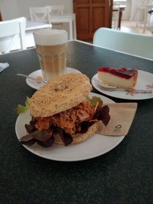 Seitan bagel, raspberry cheesecake and a soy latte (I'm not sure anymore:) at Cafe Vux in Berlin
