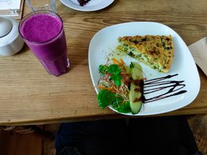 Zucchini Quiche and berry-ginger lassi at Vux at Cafe Vux in Berlin