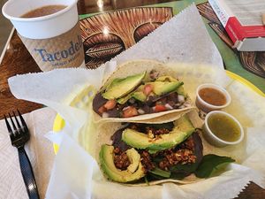Freakin'Vegan breakfast taco at the top, build your own breakfast taco with breakfast nut chorizo on the bottom at Tacodeli in Dallas