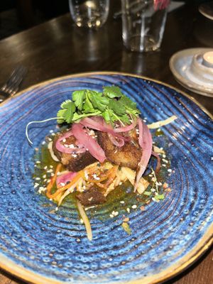 Crispy salt and pepper seitan with homemade kimchii  at Nant Y Felin in Denbigh