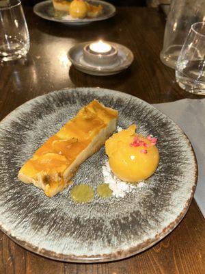 Mango, passion fruit and vanilla cheesecake (the vegan option, of course) & sorbet  at Nant Y Felin in Denbigh