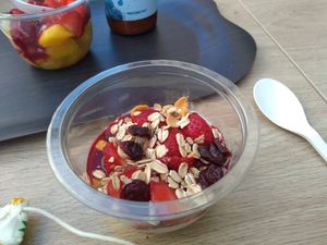 Fruit salad with soja yogourt at JAK Healthy in Paris
