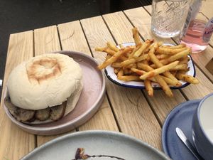 Sausage stottie and fries   at The Boatyard in North Shields